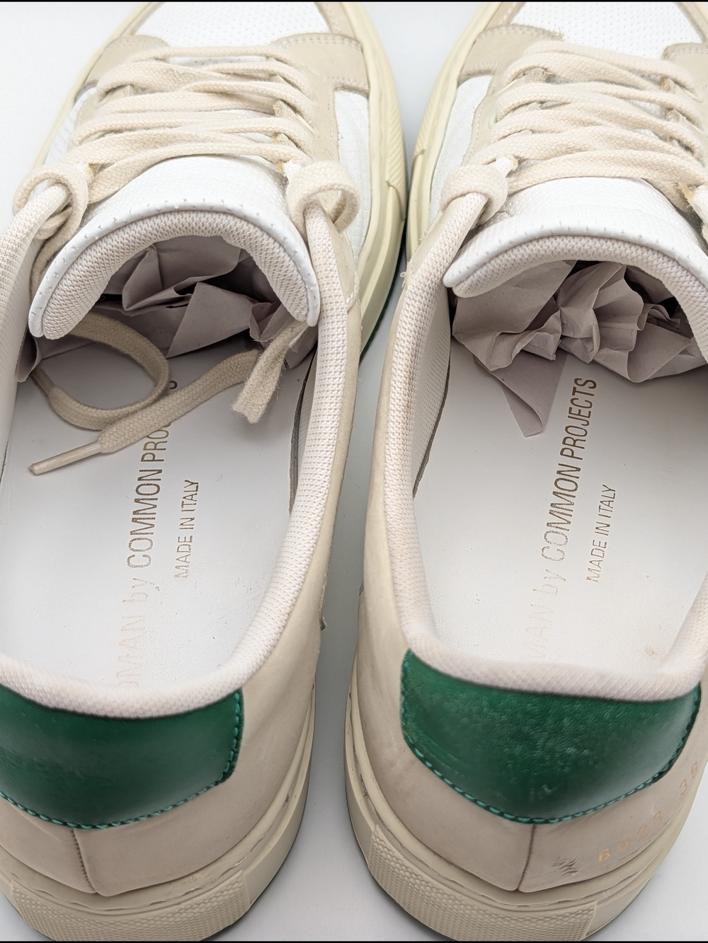 Common Projects Low Top Sneakers in Beige with Green Heel Tab